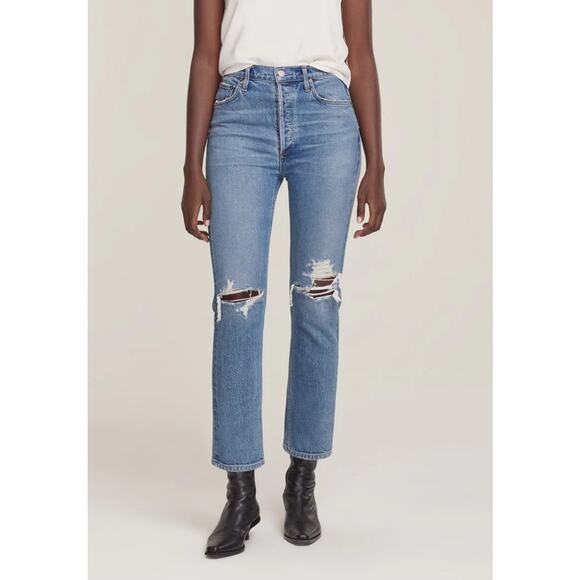 Agolde Riley High Rise Straight Cropped Distressed Organic Cotton Jeans Size 28 - Picture 11 of 11